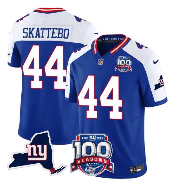 Royal/White New York Giants #44 Cam Skattebo 2025 Draft F.U.S.E. 100th Season & State Patch Vapor Limited Stitched Football Jersey - NYG85
