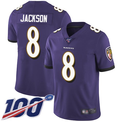 Nike Ravens #8 Lamar Jackson Purple Team Color Stitched NFL 100th Season Vapor Limited Jersey - BRJ290
