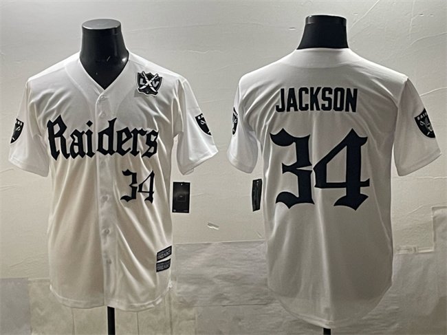 White Las Vegas Raiders #34 Bo Jackson 'Gothic Sin City Shadows Edition' With 65th Anniversary Patch Vapor Limited Stitched Baseball Jersey - LVR135