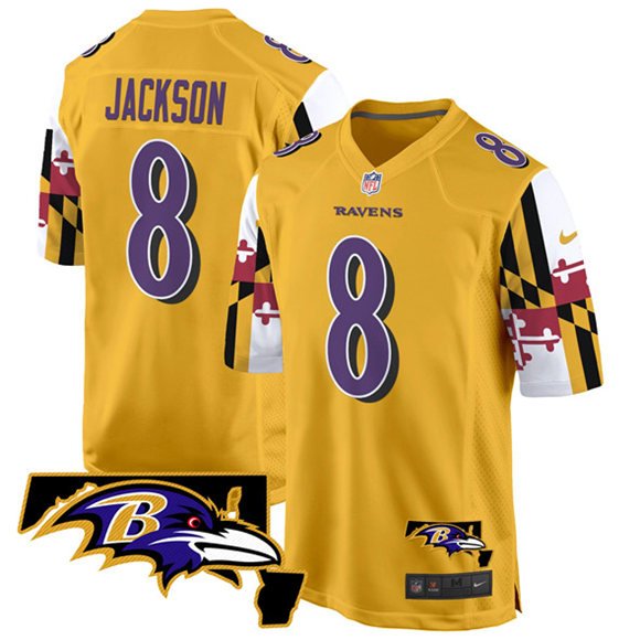 Gold Baltimore Ravens #8 Lamar Jackson 2025 Maryland Flag Vapor Limited Football Game Jersey - BRJ172