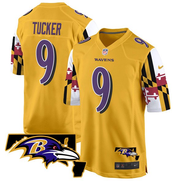 Gold Baltimore Ravens #9 Justin Tucker 2025 Maryland Flag Vapor Limited Football Game Jersey - BRJ135