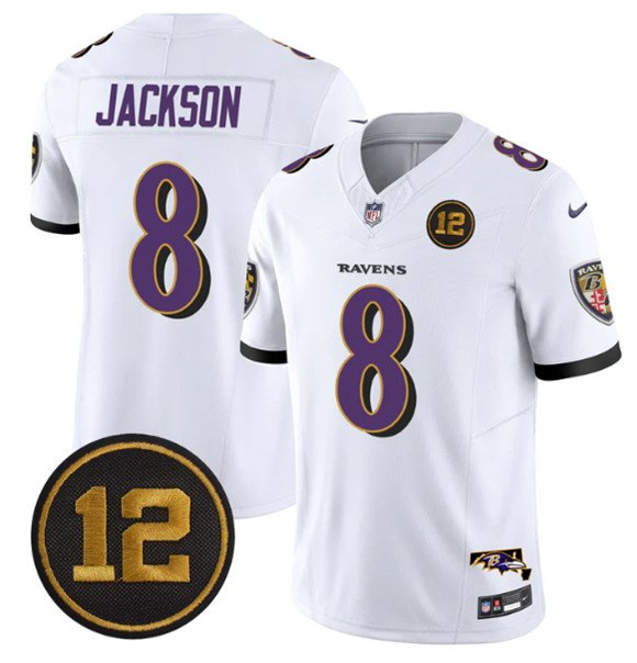 White Baltimore Ravens #8 Lamar Jackson 2025 F.U.S.E. Jacoby Jones Patch Vapor Limited Football Jersey - BRJ343