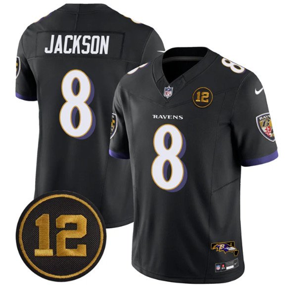 Black Baltimore Ravens #8 Lamar Jackson 2025 F.U.S.E. Jacoby Jones Patch Vapor Limited Football Jersey - BRJ318