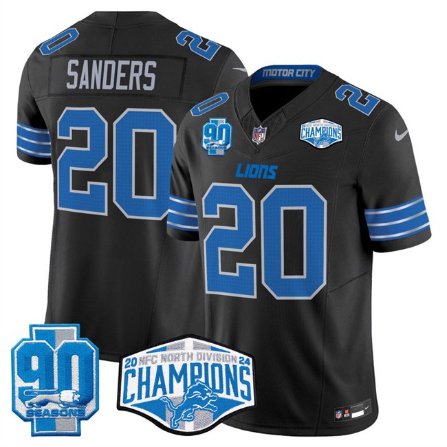 Black Detroit Lions #20 Barry Sanders 2024 NFC North Champions 90th Anniversary Patch F.U.S.E. Vapor Limited Stitched Jersey - DTL24