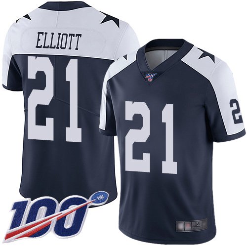 Nike Cowboys #21 Ezekiel Elliott Navy Blue Thanksgiving Stitched NFL 100th Season Vapor Throwback Limited Jersey - DLC50