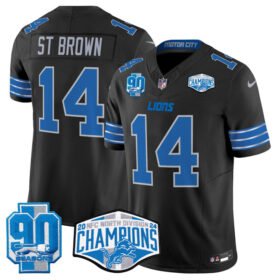 Black Detroit Lions #14 Amon-Ra St. Brown 2024 NFC North Champions 90th Anniversary Patch F.U.S.E. Vapor Limited Stitched Jersey - DTL368