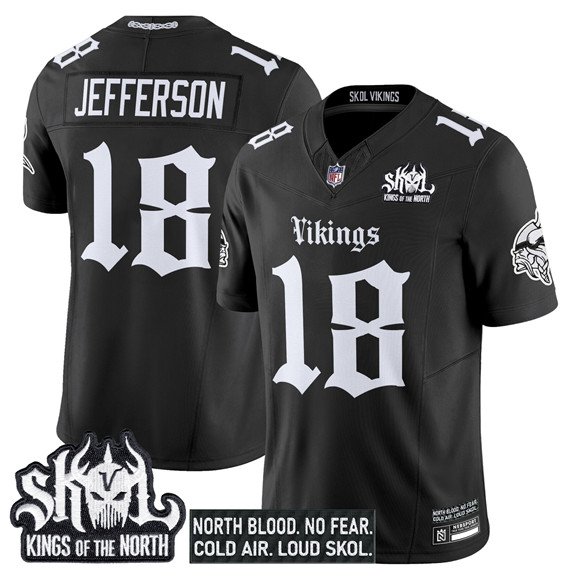 Black Minnesota Vikings #18 Justin Jefferson 2025 F.U.S.E. Kings of the North Patch 'Gothic Norseblood Edition' Vapor Untouchable Limited Stitched Football Jersey - MVJ17